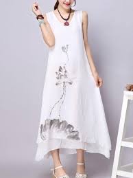 Casual Round Neck Printed Double Layer Maxi Dress In 2020 Plus Size Dresses White Plus Size Dresses Sleeveless Swing Dress