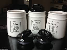 They are food and water safe and should be hand washed only. New Set Of 3 Ceramic Storage Jars Tea Coffee Sugar Canister Black White Tea Coffee Sugar Canisters White Kitchen Canisters Sugar Canister