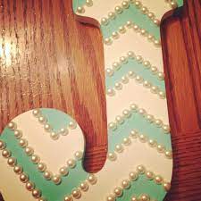 Wooden Letter Painters Tape Aqua Paint And Pearls Wooden Letters Decorated Wooden Letter Ideas Painting Wooden Letters