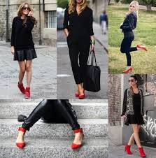 Black is a classic color which looks extremely fabulous with red shoes. All Red Outfit Ideas For Dark Winter Days Fashionactivation Red Shoes Outfit Red Heels Outfit Red Shoes Outfit Work