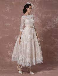 Lace Wedding Dress Vintage Bateau Champagne Half Sleeves Bridal Gown A Line Backless Tea Length Sash Reception Bridal Dress Milanoo Wedding Dresses Vintage Lace Backless Lace Wedding Dress Vintage Bridal Dresses