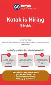 For kotak mahindra bank recruitment for freshers, there are openings for lobby manager, relationship officer, sales manager, gold loan officer, branch operation. Kotak Mahindra Bank Is Hiring Relationship Officer Manager Noida Mynoticeperiod Co In