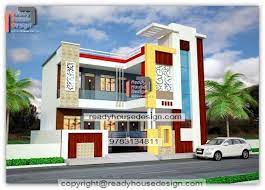 Our goal is getting designs to suit your needs. 45 39 Ft House Front Elevation Design For Double Floor Plan White Red Yellow And Blue Color Parapet Walls Gl Front Elevation Designs Facade House House Front