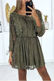 Robe femme en dentelle bleu marine. Robe En Dentelle Kaki Avec Broderie Vetement Tendance Pour Femme