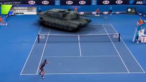 No watermark, custom text and images. Man Vs Tank On The Tennis Courts