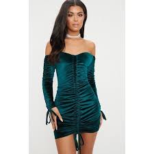 Emerald Green Bardot Velvet Ruched Arm Ruched Front Bodycon Dress 28 Liked On Poly Emerald Green Cocktail Dress Green Cocktail Dress Cocktail Dress Outfit