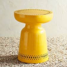 Yellow Metal Eyelet Accent Table Garden Stool Outdoor Coffee Tables Outdoor Side Tables