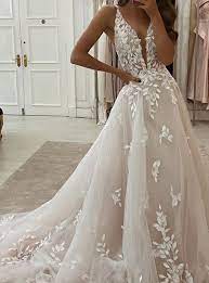 A Line Wedding Dresses Plunging Neck Sweep Brush Train Tulle Polyester Sleeveless Country Plus Size With Embroidery Appliques 2021 2021 Us 195 99 Custom Bridal Dress Ball Gowns Wedding Cheap Bridal Dresses