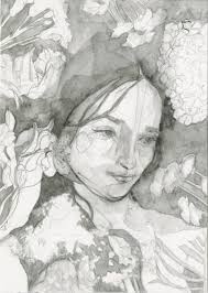 New drawing✨ “Elly in Flowers,” water-soluble graphite