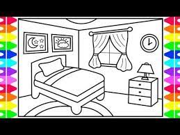 The window is purple, the door is pink and near the house. How To Draw A Bedroom Step By Step For Kids Bedroom Drawing Bedroom Coloring Pages For Kids Drawing Pictures For Kids Drawing For Kids Bedroom Drawing