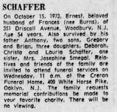 Ernest Schaffer Obit Courier-Post, Camden, New Jersey, Oct 16, 1973