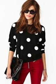 Black And White Polka Dot Shirt Womens Women S Black And White Polka Dot Crew Neck Sweater Burgundy Skinny Pants Black Leather Clutch Black Sungl Fashion Style Clothes