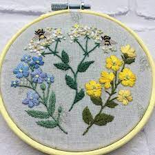 Hand Embroidered Forget Me Nots Cow Parsley Buttercups And A Couple Of Buzzing Bees Embroidery E Hand Embroidered Embroidery Hoop Art Hoop Art