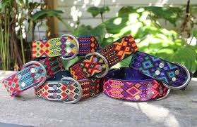 Colorful Hand Made Leather Dog Collar Chiapas Mexico Size Large Mexican Folk Art Leather Dog Collars Dog Supplies Puppy Accessories
