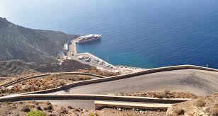 This Is The Port Of Athinios For Onboarding Ferry Santorini To Mykonos Santorini Map Santorini Locations