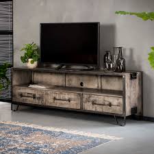 Meubles tv d'angle, murs tv et plus encore sur meubles.fr. Meuble Tv Industriel Bois Gris 3 Tiroirs Poignees Roadies Meubles Tv Pier Import
