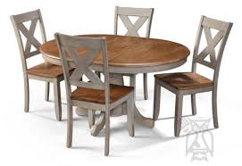 This table is a lesson in versatility. Hoot Judkins Furniture Winners Only Solid Parawood Barnwell Round Extension Kitchen Table Four X Back Side Chair Set In Rich Grey Brown Two Tone Finish