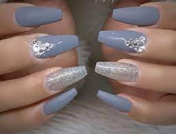 Grey Nails With Gems Gem Nail Designs Stylish Nails Designs Acrylic Nails Coffin Short