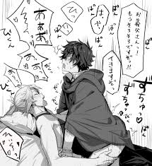 masuji, iwatani naofumi, kitamura motoyasu, tate no yuusha no nariagari,  yari no yuusha no yarinaoshi, highres, translation request, 2boys, bed,  blonde hair, brown hair, cape, closed eyes, clothed sex, hair ornament,  hood,