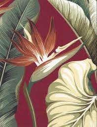 Bird Of Paradise Burgundy Tropical Botanical Vintage Hawaiian Barkcloth Fabric With Bird Of Paradise Flowers And Lea Vintage Hawaiian Barkcloth Retro Floral