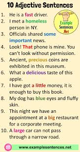 10 Adjective Examples In Sentences 10 Sentences Using Adjectives Example Sentences In 2020 10 Adjectives Adjectives 10 Sentences