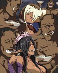 waero, cloe (kuroinu), olga discordia, kuroinu ~kedakaki seijo wa hakudaku  ni somaru~, 2girls, 4boys, ^ ^, bald, black hair, blonde hair, blush, bowl,  breasts, closed eyes, collarbone, dark-skinned female, dark-skinned male,  dark