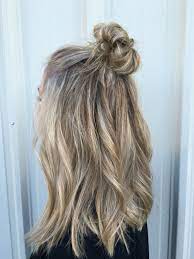 Bright Blonde Balayge With Top Knot Hair Styles Sandy Blonde Hair Long Hair Styles