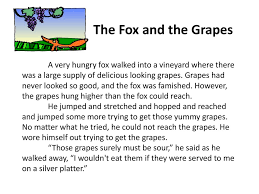 The narration is concise and subsequent retellings have often been equally so. The Fox And The Grapes A Very Hungry Fox Walked Into A Vineyard Where There Was A Large Supply Of Delicious Looking Grapes Grapes Had Never Looked So Ppt Download