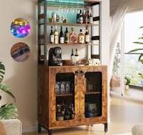 Unikito Tall Wine Bar Cabinet with LED Light and Power Strip, 67'' Standing  Liquor Cabinet with Door & Glass Holder, Coffee Bar Cabinet, Bakers Rack ...