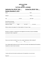 Proof of having completed the american red cross preventing disease transmission course or its equivalent. Tattoo Artist License Fill Online Printable Fillable Blank Pdffiller