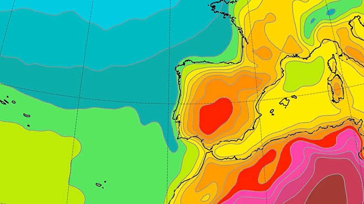 A digital heat map showing extreme high temperatures across the Mediterranean region and Southern Europe.