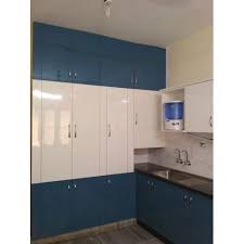 blue, white laminated kitchen cabinet