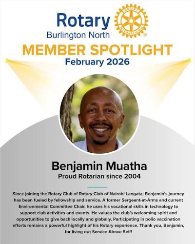 Welcome, Hal! We're so grateful to have you join us at Rotary Burlington  North, and a big thank you to Hal's wife, Louise, for sharing him with us!  Hal Hirte, originally from