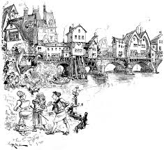 パリ：セーヌ川、家々のある橋、住民、パリジャン、中世のパリの生活風景 - 建築 - 都市居住 - 川 -  イラスト：アルベール・ロビダ（1848-1926）