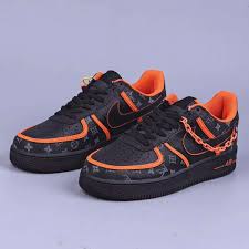 Custom Black And Blue Air Forces Virgil Abloh X Louis Vuitton X Nike Air Force 1 Monogram Black Orange Chain Custom In 2020 Nike Air Shoes Nike Custom Nike Shoes