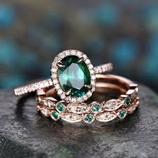 Emerald Engagement Ring Bridal Set Solid 14k Rose Gold Emerald Emerald Engagement Ring Set Emerald Ring Vintage Emerald Engagement Ring