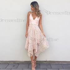 A Line V Neck Asymmetrical Pearl Pink Lace Bridesmaid Dress Dressestime Com Lace Bridesmaid Dresses Pink Bridesmaid Dresses Short Asymmetrical Bridesmaid Dress