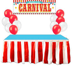 Circus sign cutouts $3.59 per package. Carnival Circus Party Supplies Decorations Red And White Striped Table Skirt Plastic Carnival Banner With 10 Red Balloons And 10 White Balloons