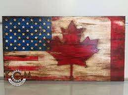 Engraved Us American Canada Combo Flag Hand Painted Rustic Wood Sign Custom Distressed Sign Home Wall Decor Rustic Wood Signs Wooden American Flag Rustic American Flag