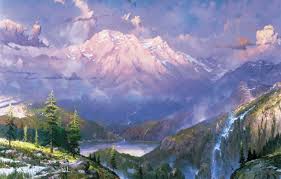 Easy watercolor painting guided to learn waterfall for beginners. Wallpaper Snow Landscape Mountains Nature Lake Waterfall Twilight Painting Thomas Kinkade Painting Thomas Kinkade Twilight Vista Images For Desktop Section Zhivopis Download