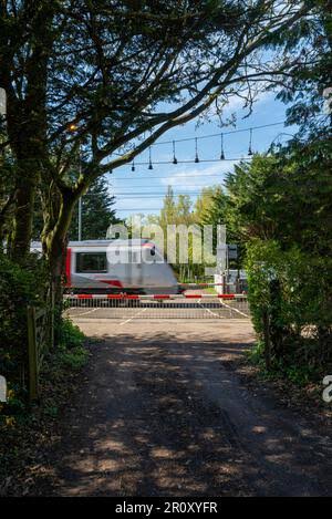 Rural railway level crossing framed by trees. Church Lane crossing in Margaretting, Essex, UK with Greater Anglia train passing. Crossing gates closed Stock Photo - Alamy
