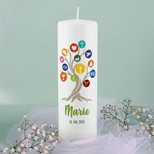 Eine kommunionkerze können eltern leicht selbst basteln (quelle: Kommunionkerze Fur Madchen Und Jungen Mit Baum Voller Christlicher Symbole
