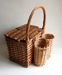 Vintage Rustic Wood Brass Walking Stick Cane With Secret Tipple Hip Flask Wicker Picnic Basket Wicker Picnic Basket