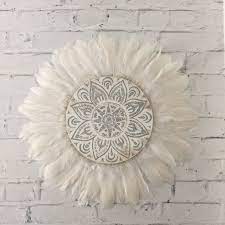 Tribal Mandala White And Grey Feathers Round Wall Art Boho Design Timber Porthole Feather Wall Art Feather Wall Decor Feather Wall