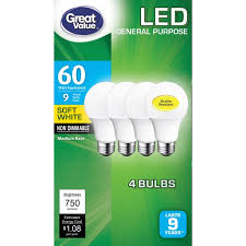 Great Value Led General Purpose Bulb 8 5w 60w Equivalent Soft White 4 Count Walmart Com Walmart Com