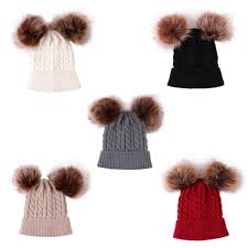 Winter 5 Solid Color Cute Kids Baby Double Pom Pom Hat Baby Girls Boys Cable Knit Double Faux Fur Pompom Ears Beanie Hat Buy Double Pom Pom Hat Double Faux Fur Pompom