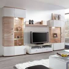 Ensemble De Meubles Tv Carrick 4 Elements Blanc Brillant Imitation Chene Brut De Sciage A Living Room Wall Units Living Room Tv Wall Living Room Modern