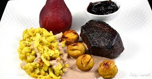 Deer Sirloin In Red Wine Sauce And Its Sides Recipe Venison Recipes Wine Sauce Red Wine Sauce