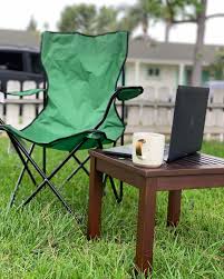 Who Says You Can T Take Your Office Outside A Little Side Table And A Lawn Chair Allows You To Do Your Work And Get Your Lawn Chairs Chair Outdoor Chairs