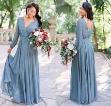 Elegant A Line Dusty Blue Chiffon Long Sleeves Bridesmaid Dresses From Dressmeet In 2020 Long Sleeve Bridesmaid Dress Bridesmaid Dresses Long Chiffon Chiffon Long Sleeve